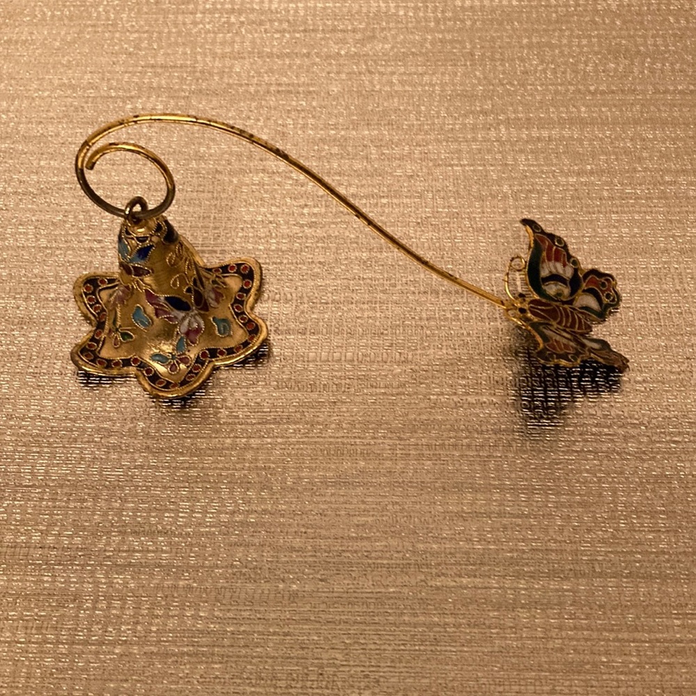 Vintage Miniature Bell Connected to a Butterfly Floral Motif Cloisonné